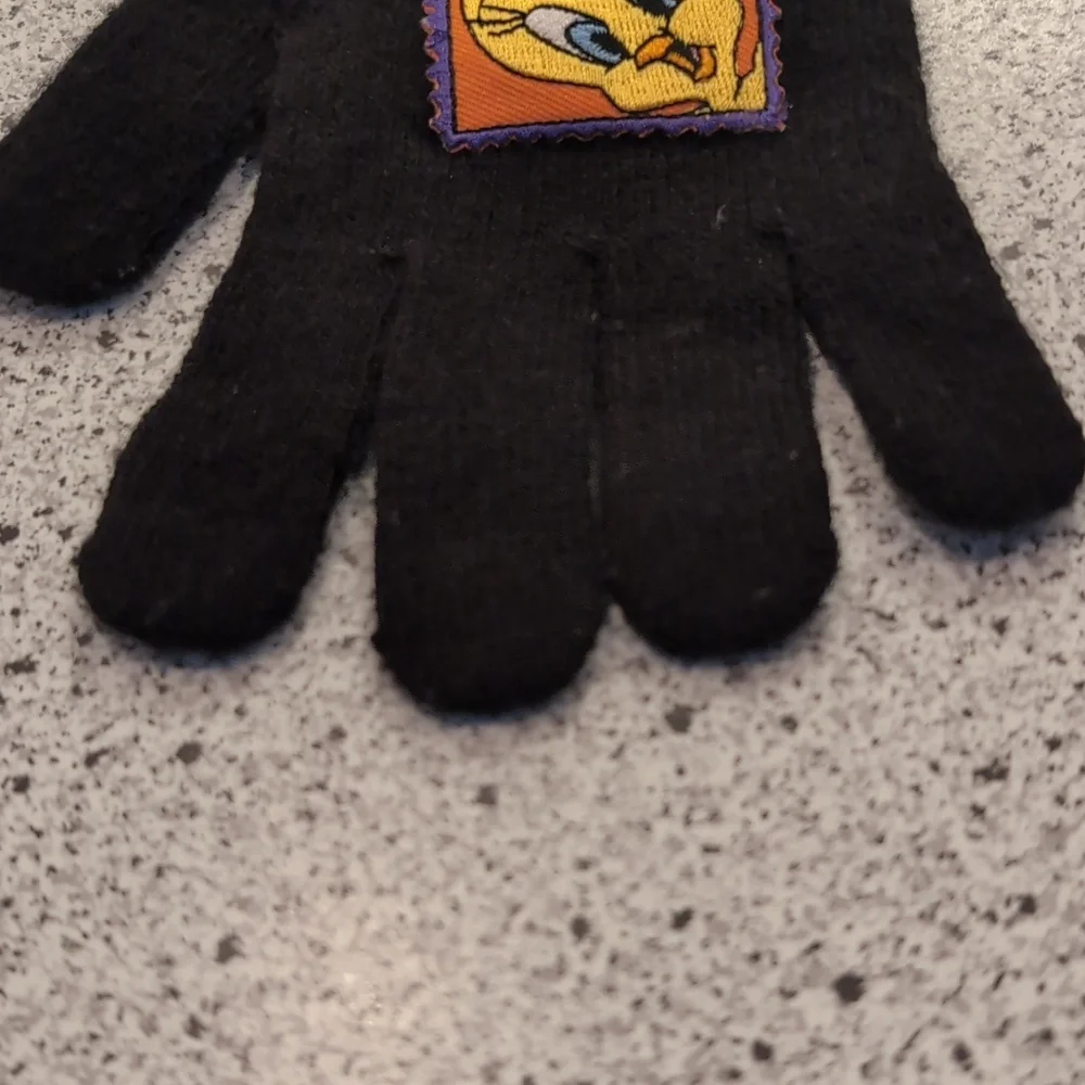 Vintage 1999 Kids Tweety Bird Looney Tunes Black Winter Gloves